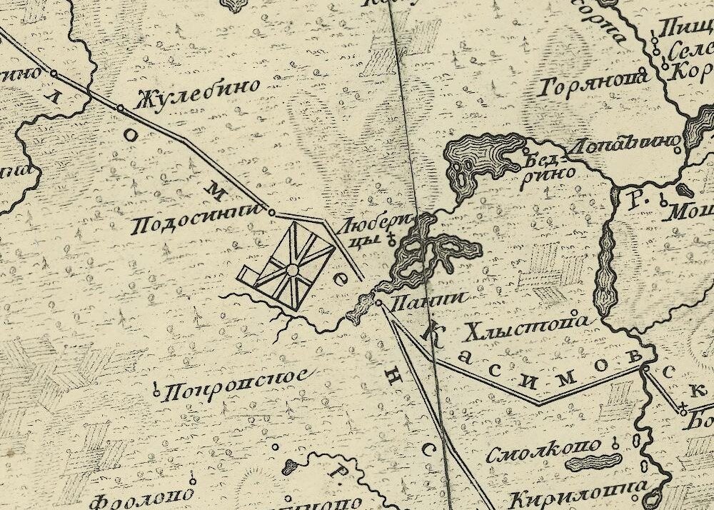 Деревня Люберицы на Плане царствующего града Москвы - 18 век. 