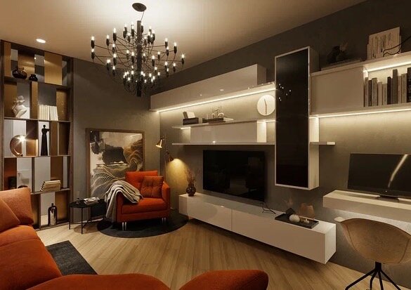 Эта люстра уже была купленной. Когда заказчица делала ремонт в загородном доме, она предназначалась в одну из комнат. Но по какой-то причине, она там не прижилась. Зато теперь как она украшает интерьер этой гостиной