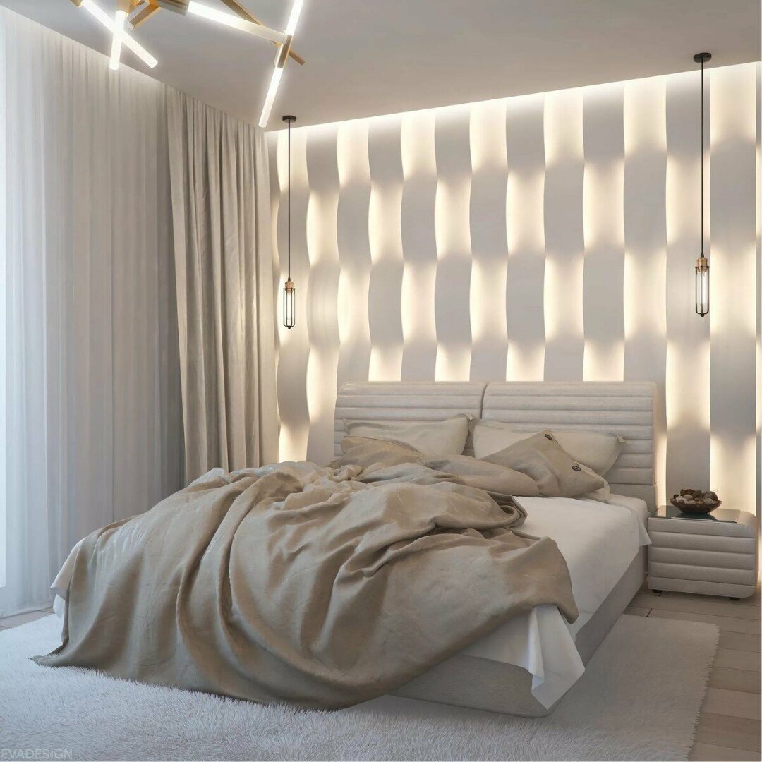 спальня с подсветкой над кроватью