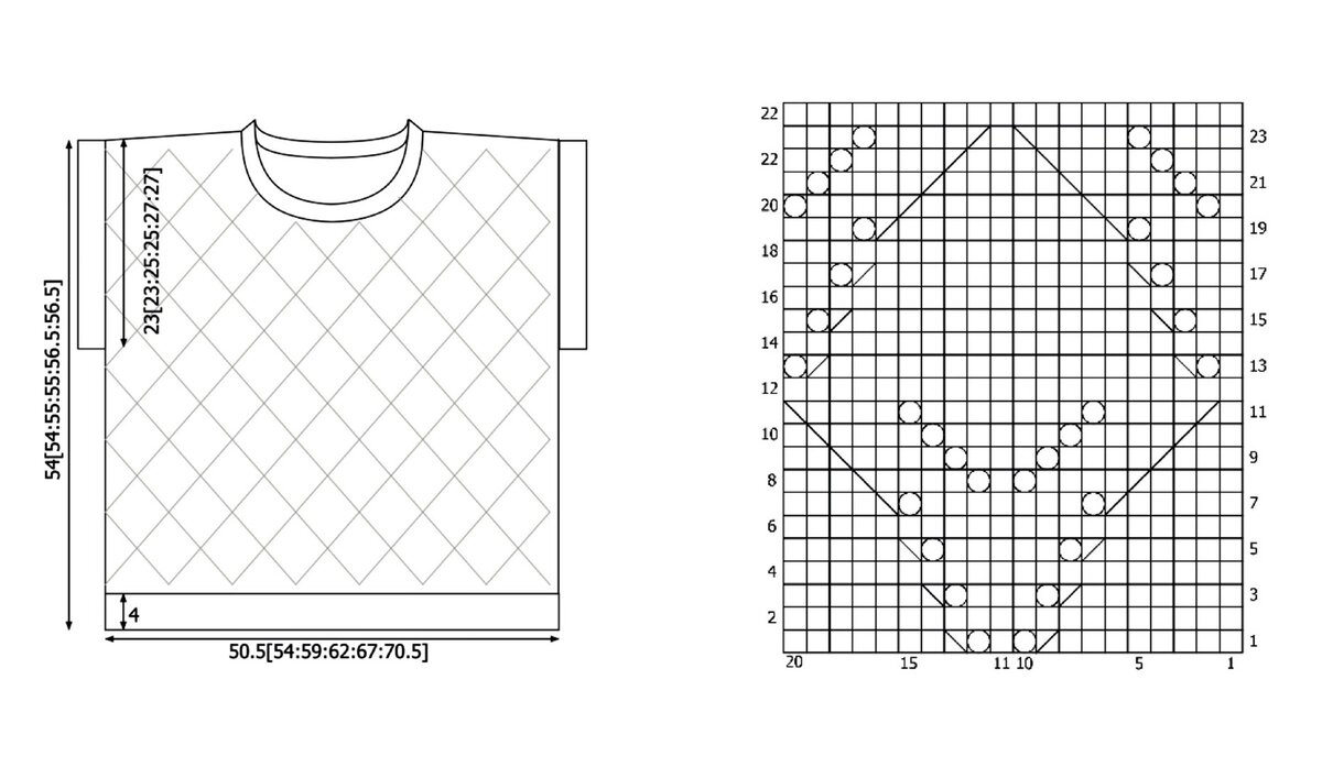 Схема и выкройка для вязания топа со спущенным плечом
