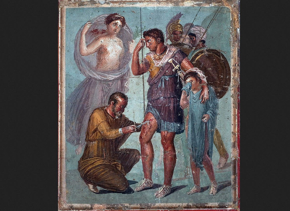 Фреска из Помпей, на которой Япиг вынимает наконечник стрелы из ноги Энея, а его сын Асканий плачет.