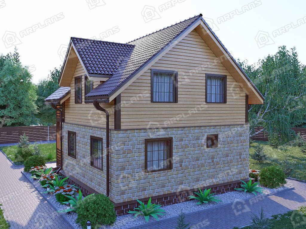 Фото 2 двухэтажного комбинированного дома блок+брус с мансардой, 3 спальнями, балконом, котельной и террасой. Общая площадь до 150 (116) кв м. Источник arplans.ru 