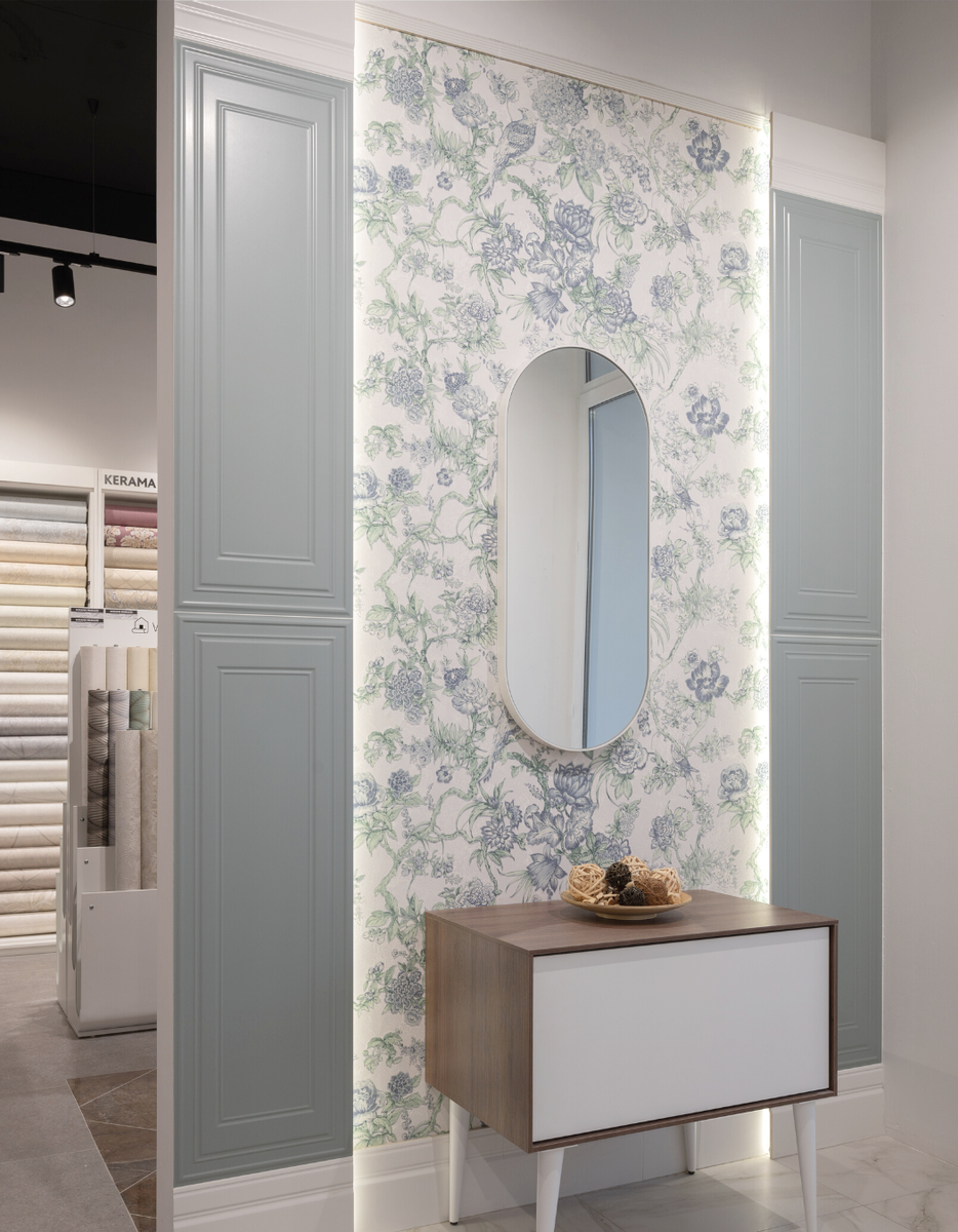 Оформление KERAMA MARAZZI / керамические панели "Монфорте", акцентные обои "Азулежу", тумба Atollo, зеркало CONO