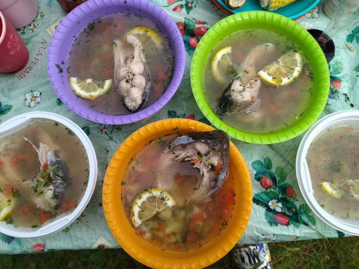 Вполне себе сытная порция ухи на природе. Очень было вкусно!