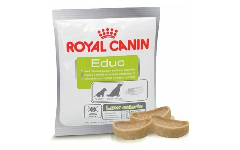 Лакомство для собак Royal Canin Educ: продукт, рекомендуемый для поощрения при обучении щенков старше 2 месяцев и взрослых собак. Фото market.yandex.ru