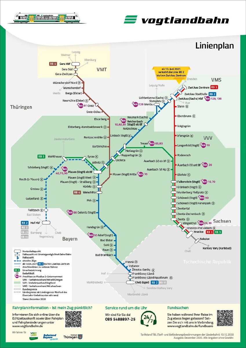 Схема пригородных линий компании Vogtlandbahn