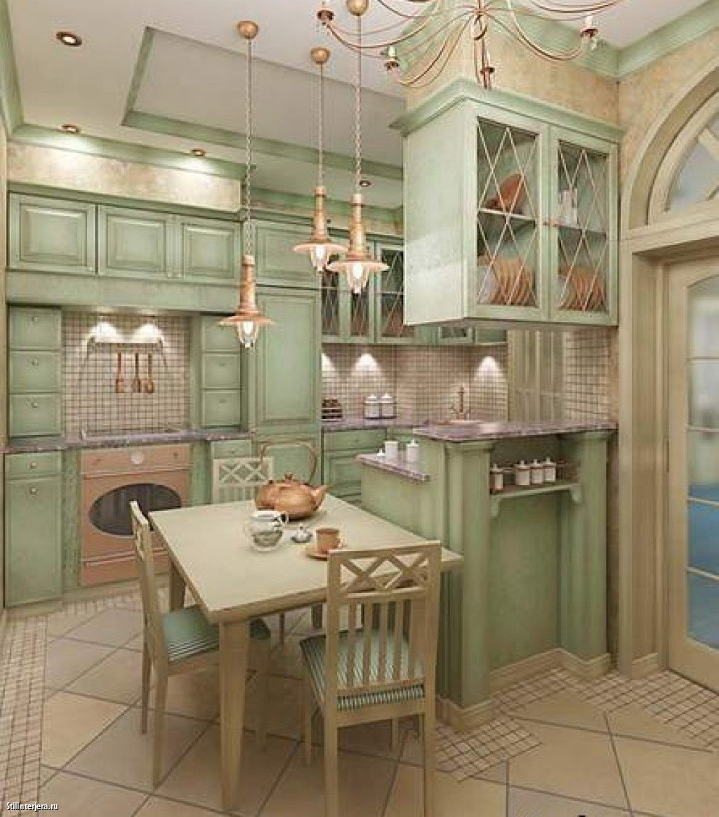 Кухня Прованс - это всегда классическая кухня с рамочными фасадами, с лёгкой патиной. Цвет светлый, но не всегда белый или бежевый. Бирюза, светлая зелень тоже хорошо впишутся в Прованс.