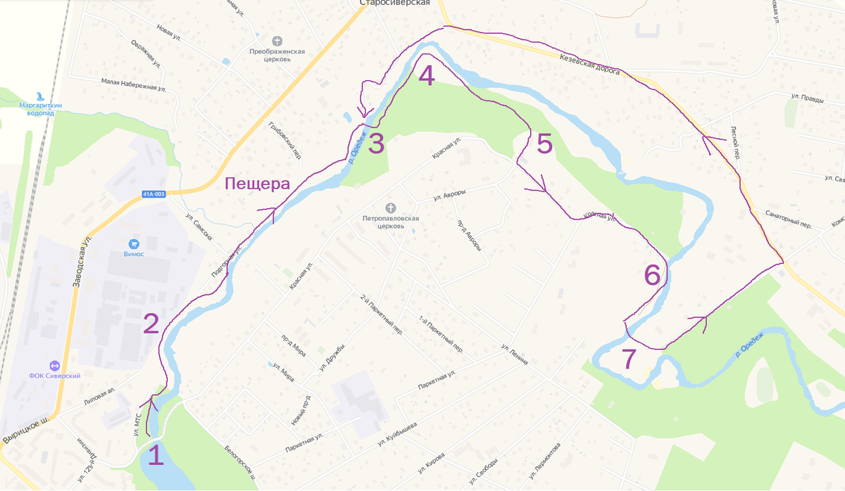 Наш маршрут прогулки вдоль реки Оредеж.