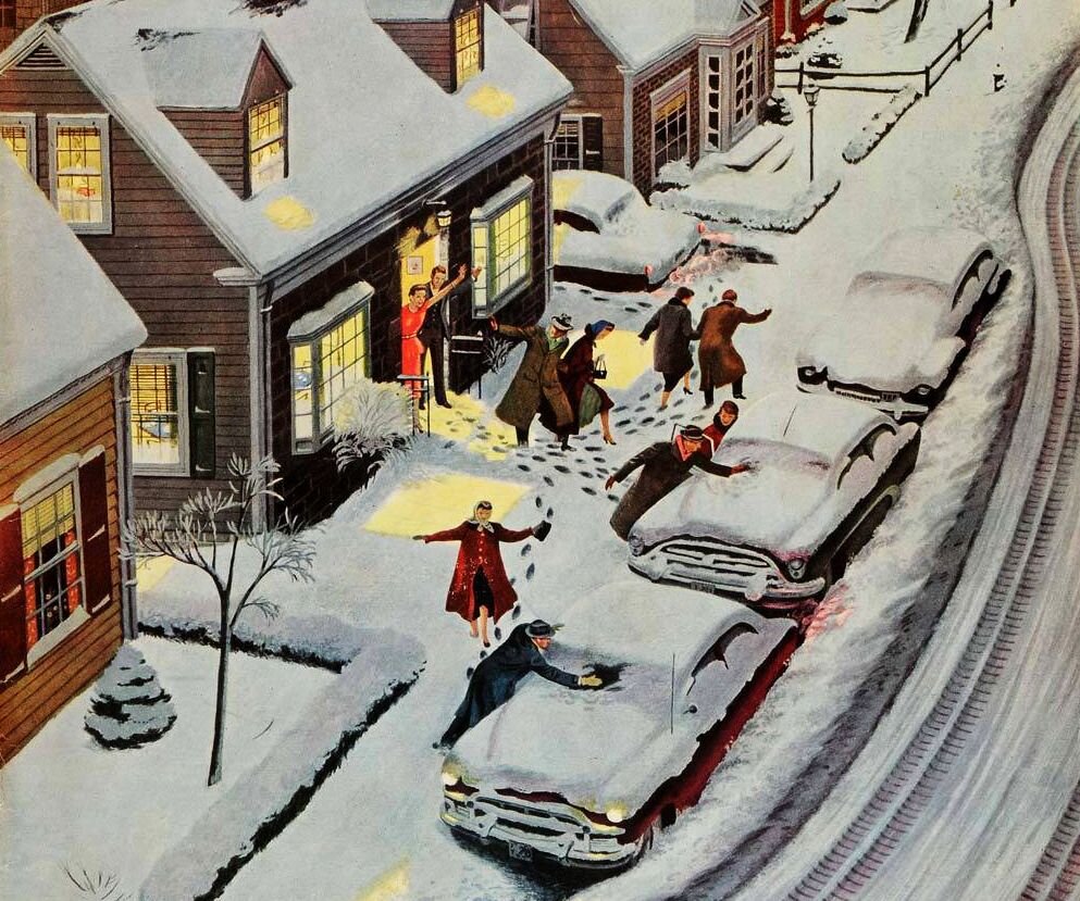  Party After Snowfall, art by Ben Kimberly Prins. Detail from February 12, 1955 Saturday Evening Post cover.