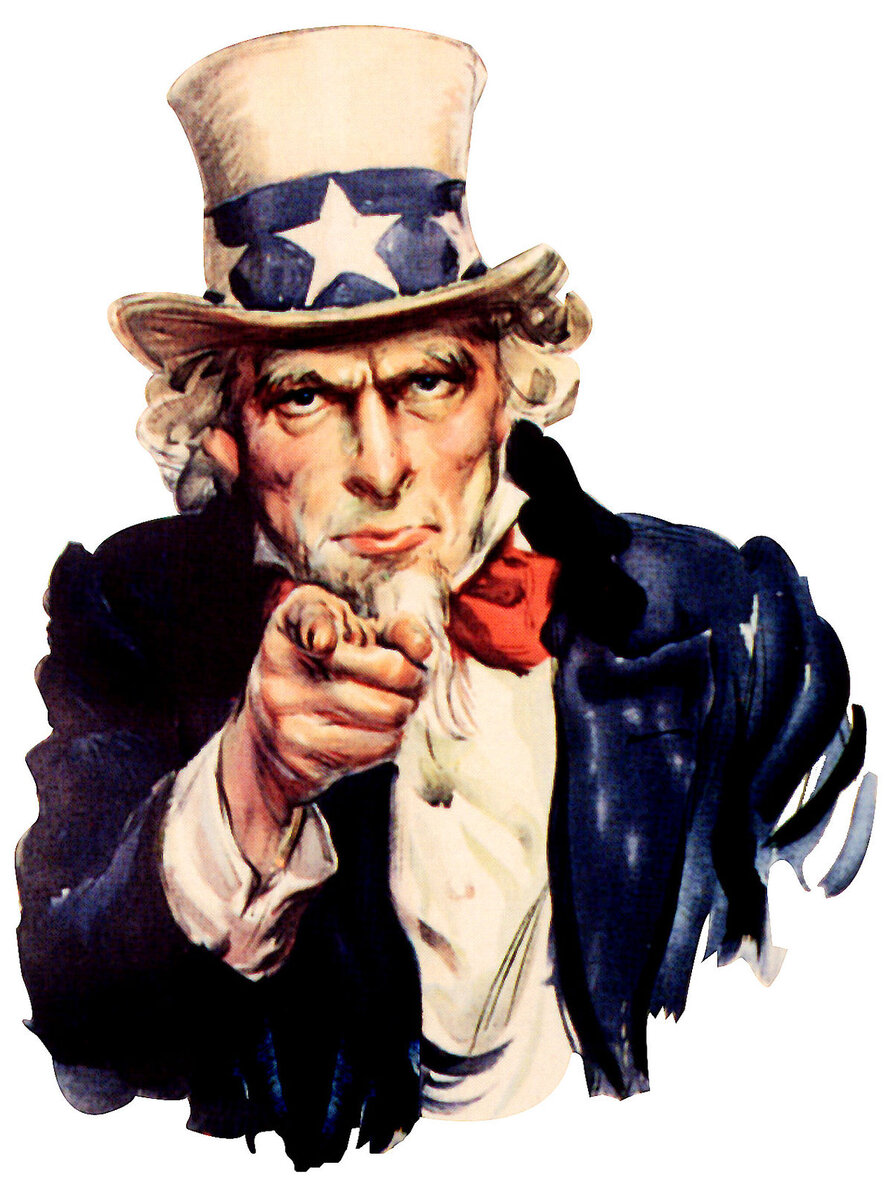 US - Uncle Sam. Схожее значение с Родина Мать у СССР.