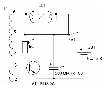 Схема преобразователя на ТВС-110Л3 для питания ЛДС от аккумулятора