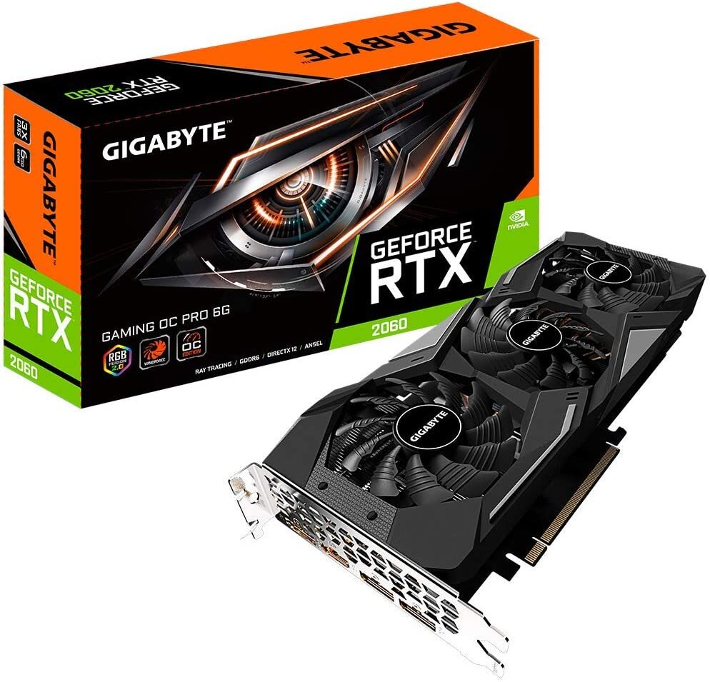 Видеокарта Gigabyte GeForce RTX 2060 Gaming OC Pro 6G, 3 вентилятора Windforce, 6 ГБ 192-бит GDDR6, видеокарта Gv-N2060GAMINGOC Pro-6GD REV2.0 Видеокарта Gigabyte GeForce RTX 2060 Gaming OC Pro 6G, 3 вентилятора Windforce, 6 ГБ 192-бит GDDR6, видеокарта Gv-N2060GAMINGOC Pro-6GD REV2.0 (Работает на базе GeForce RTX 2060 Архитектура NVIDIA Turing и трассировка лучей в реальном времени Система охлаждения WINDFORCE 3x с чередующимся вращением вентиляторов "Интуитивное управление") 