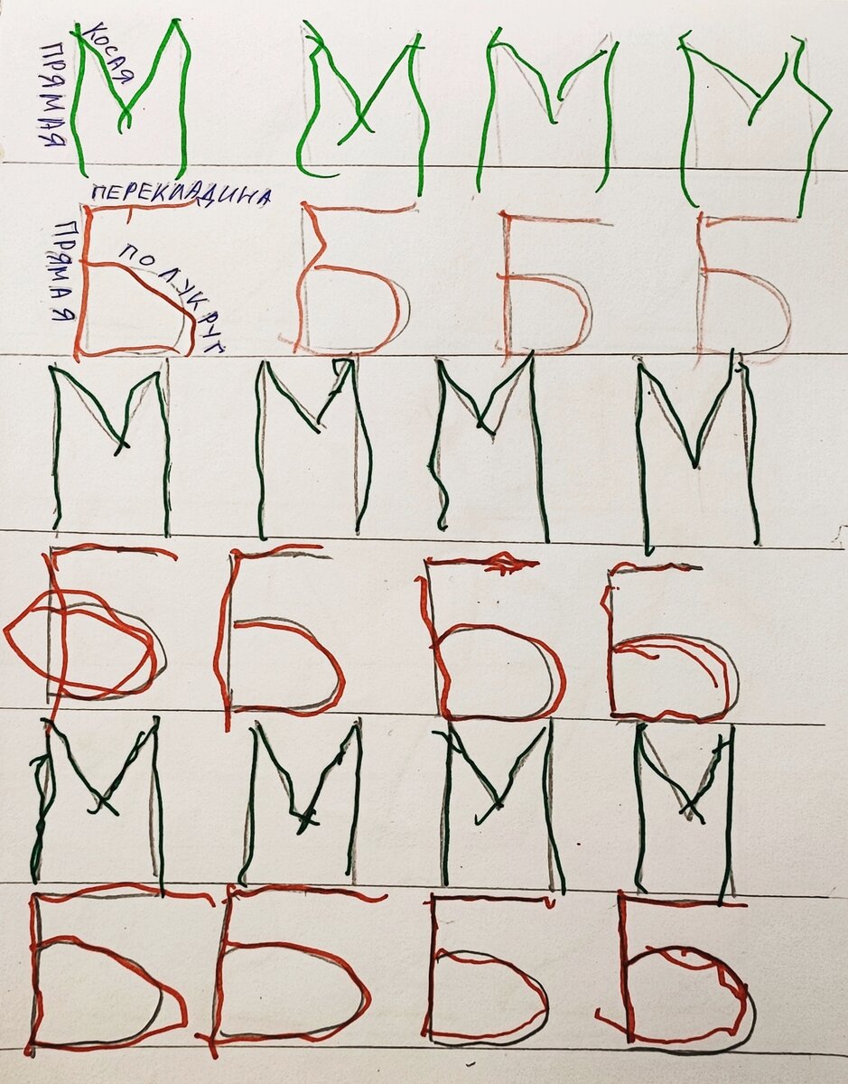 Сначала ребенок пишет по обводке, буквы высотой около 5 см