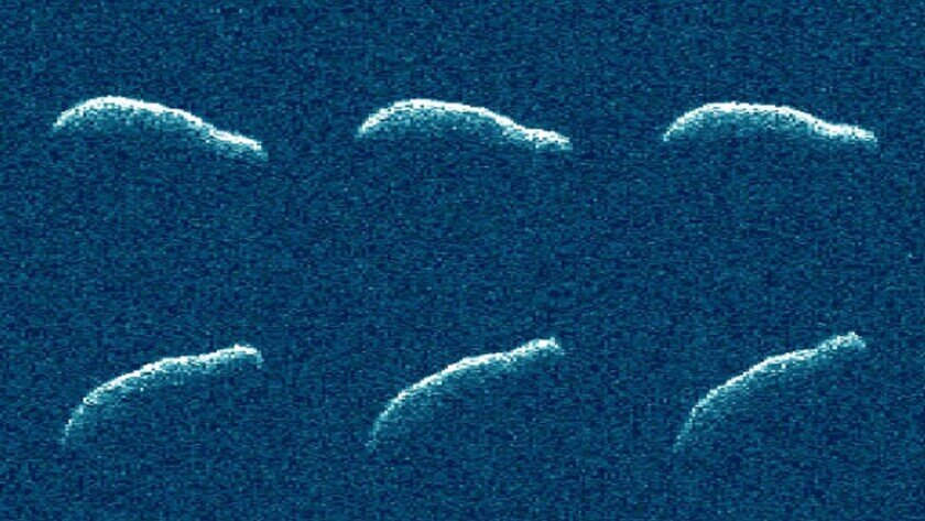    Коллаж из шести планетарных радиолокационных наблюдений за астероидом 2011 AG5, снятых через день после того, как он приблизился к Земле 3 февраля. Фото: NASA/JPL-Caltech