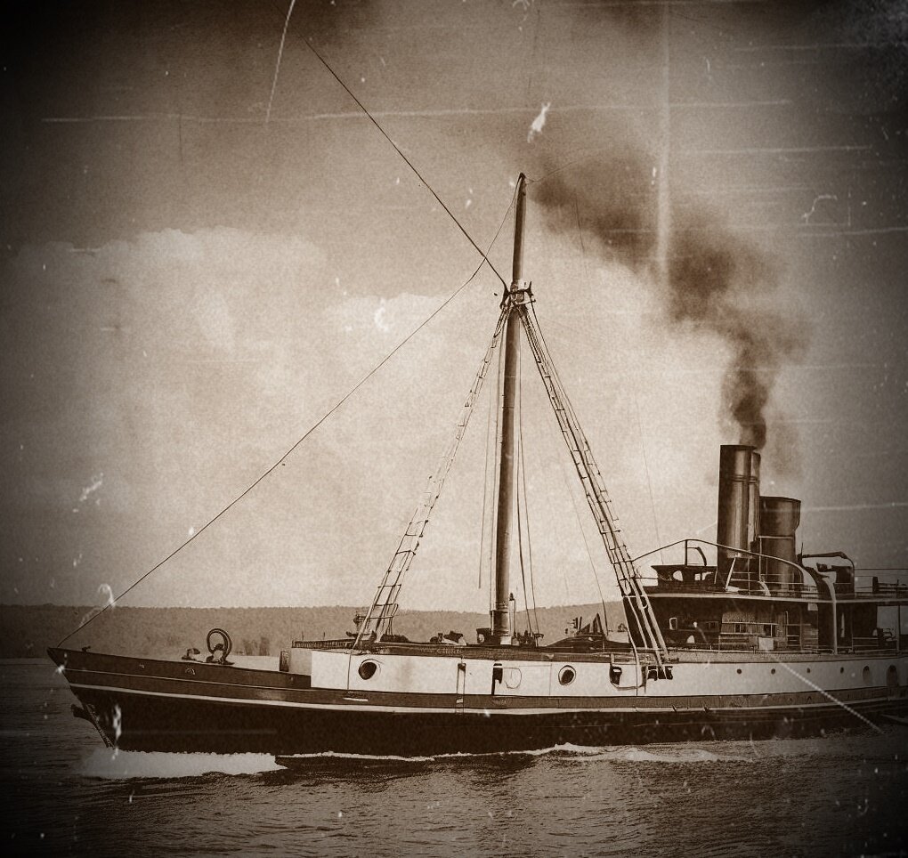 Паровая яхта "Elixir" доктора Хэкенсоу на испытаниях костюмов человека-рыбы.