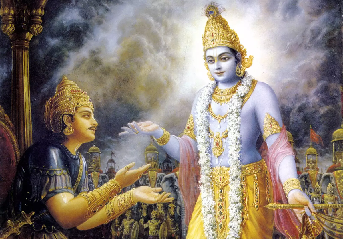 Кришна, синий индийский Бог перед великой битвой продиктовал воину Арджуне свое послание Бхагават-Гиту (Песнь Бога), "библию" для индусов.