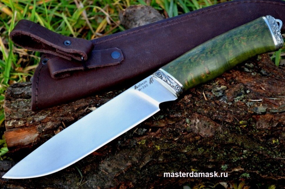 Нож Скорпион сталь М390 (спуски от обуха) рукоять стабилизированная карельская берёза, литьё мельхиор
