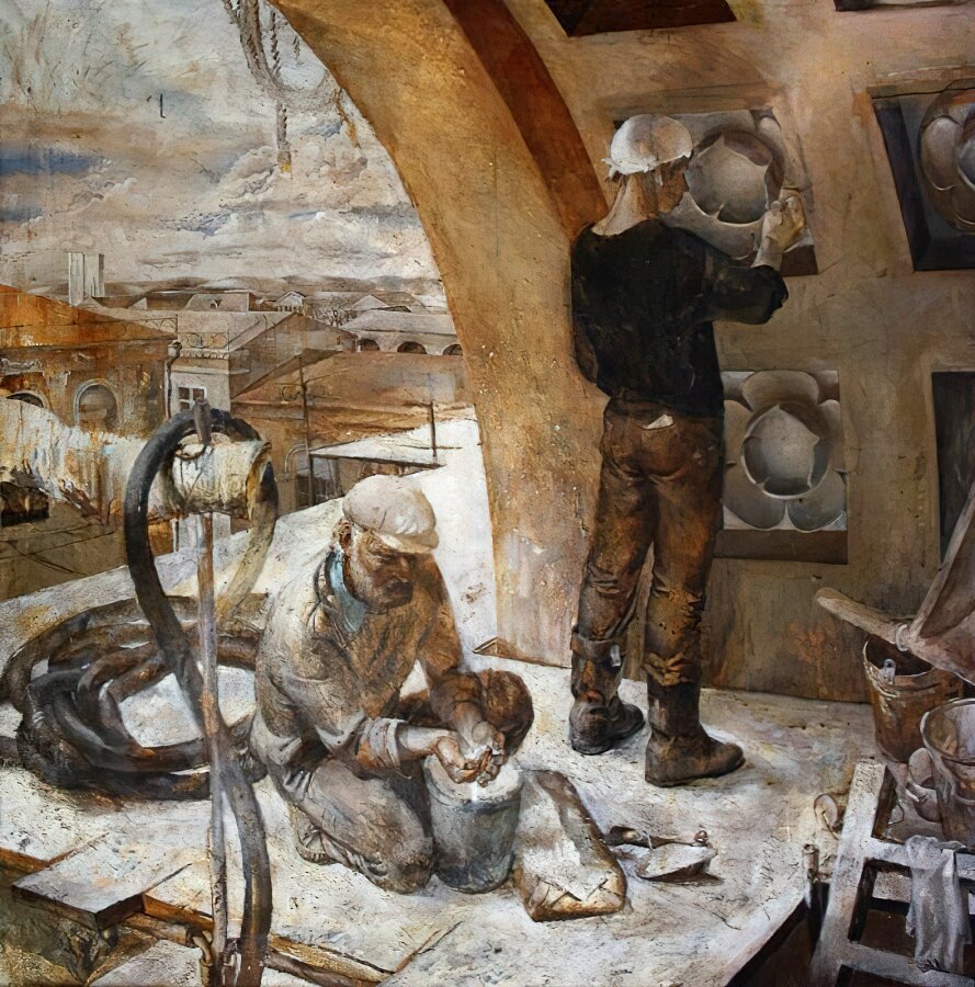 Реставраторы.                                                        Художник Архипов Сергей Васильевич.                Холст, масло. Размеры: 110х109 см, 1984 год.       Курганский областной художественный музей имени Г.А.Травникова