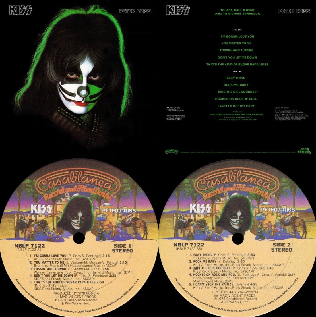 Сольный альбом Питера Крисса, 1978 г., передняя и задняя стороны конверта виниловой пластинки и лейблы с двух сторон