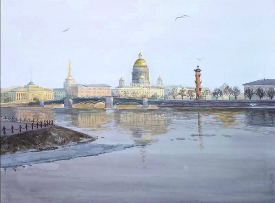 Акварель современного художника Виктории Кирьяновой вполне можно отнести к весеннему Петербургу XIX столетия... Хотя бы - второй его половины.