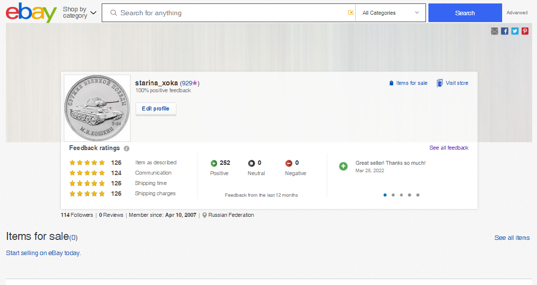 Мой рейтинг на Ebay на момент приостановки торговли для продавцов из России