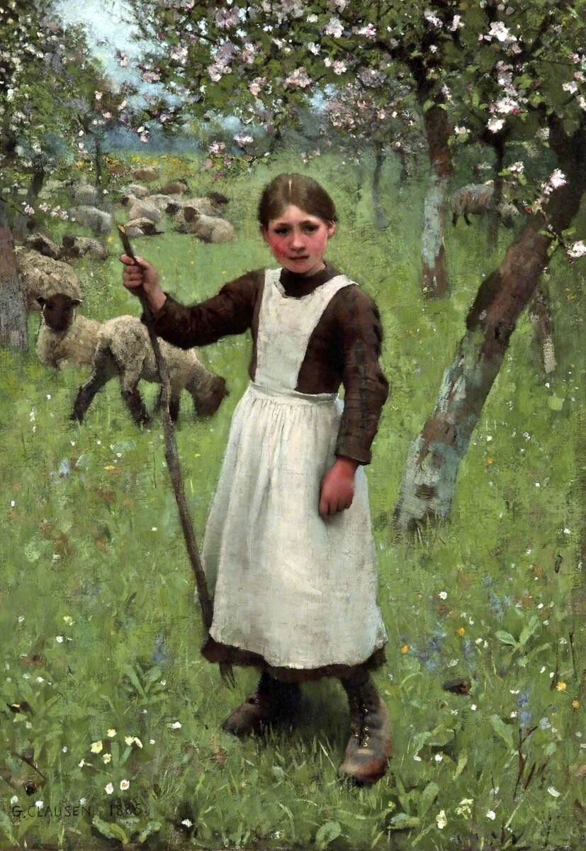 Пастушка (1885). Масло, холст. Источник: https://artuk.org/discover/artworks/search/actor:clausen-george-18521944/page/9#artwork-undefined