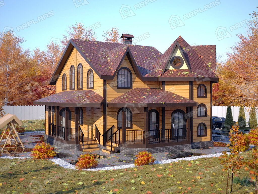 Фото 1 двухэтажного дома из бруса с мансардой, 3 спальнями, кабинетом, сауной, эркером, газовой котельной и террасой. Общая площадь 194 кв м. Источник arplans.ru Проект ДС-074