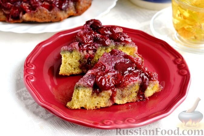 яйца, сахар, мука пшеничная, разрыхлитель, лимон, черешня, масло сливочное, сахар ванильный