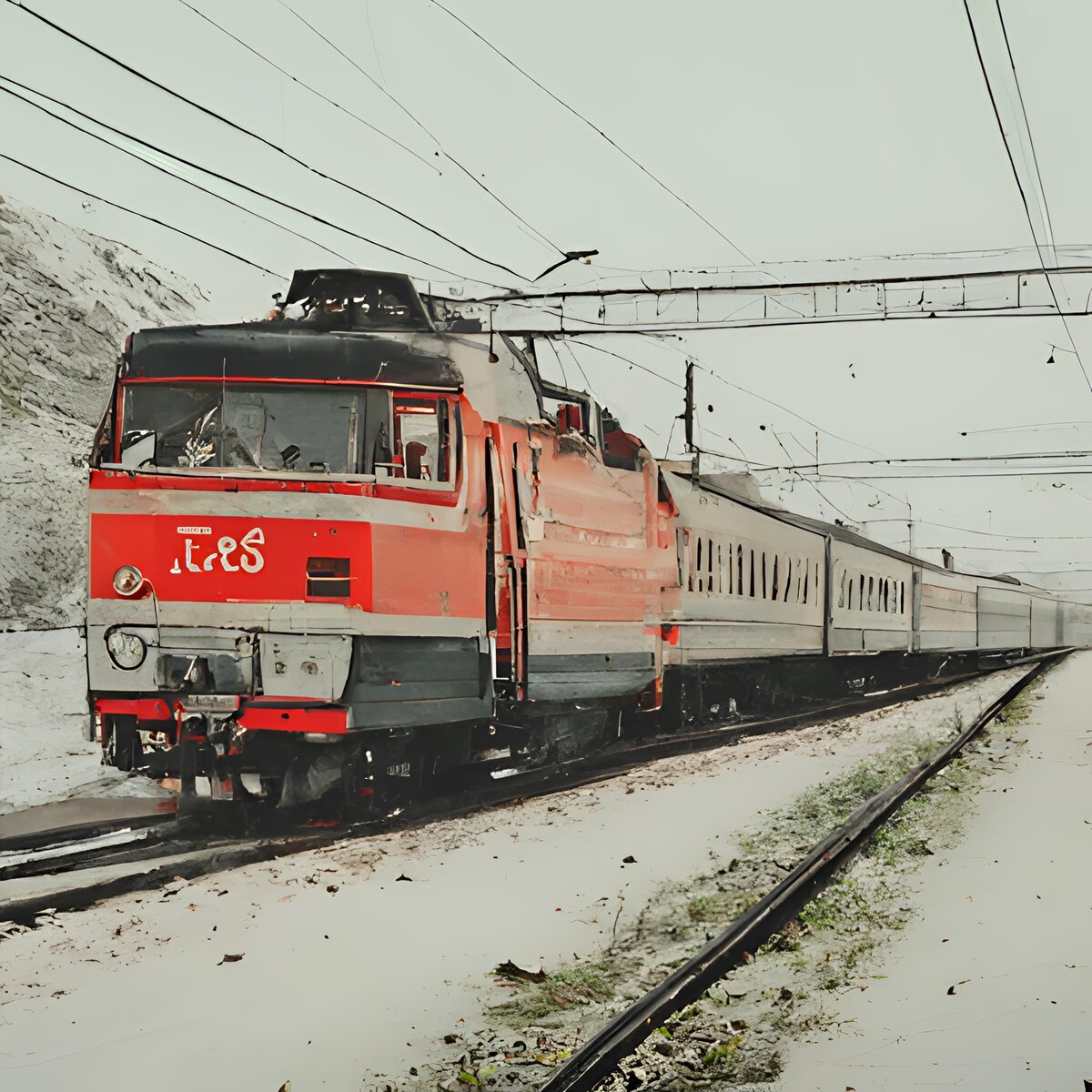 Паровоз везёт вагоны с людьми