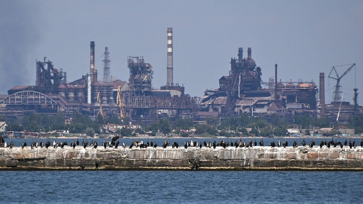    Вид на разрушенный завод "Азовсталь" из морского порта Мариуполя© РИА Новости /