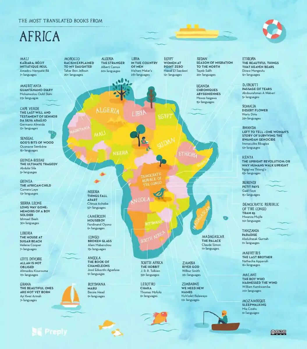 Карта мира с указанием самых переводимых книг Африки