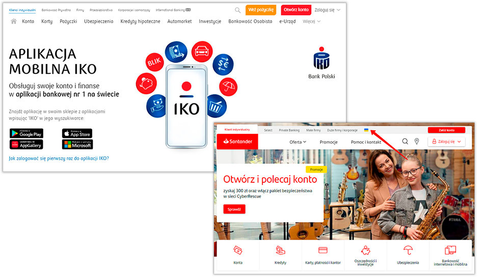 В банках PKO или Santander есть мобильные приложения, русский и украинский языки