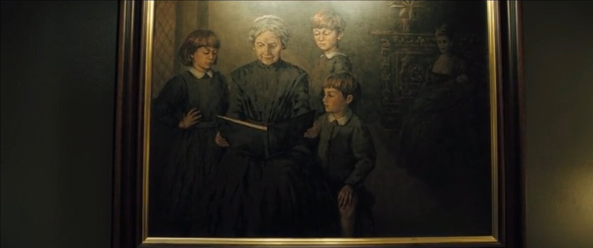 "Другое полотно - старушка читает сказку на ночь группе дебильных детей. Привет Уистлеру. Ещё одна Мадонна с младенцем и фоном... Есть ощущение беды".