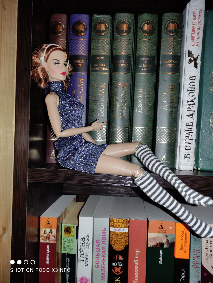 Это красотка Эвелин (кукла Интегрити),пленку с коленок не сняла ещё ☺ Наряд у неё куплен на Вайлдберриз, а чулочки с Али экспресс. Волосы тоже в сеточке. Куколка новая, я её берегу максимально. Возможно будет продаваться в дальнейшем. Сидит она на фоне моих книг. Это малая часть ☺