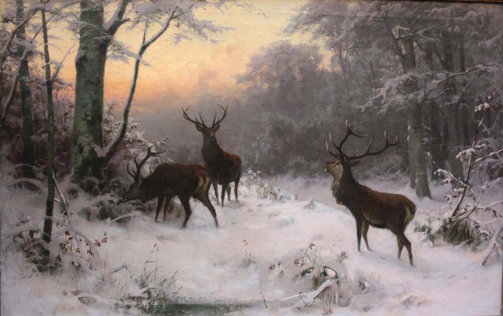 Arthur Thiele. Deers in the winter forest, 1874.