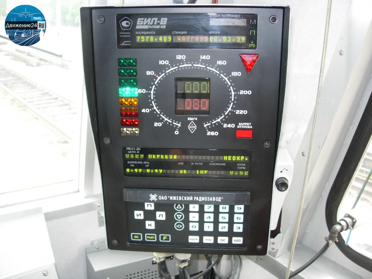 В нижней части кнопочный пульт управления. Выше информация о расстояния до цели (светофор, переезд и т. д.), фактическая и допустимая скорость движения в цифровом и аналоговом виде. Показание светофора, километр. где находится поезд, название станции на которую идет поезд, время фактическое и по графику и т. д.