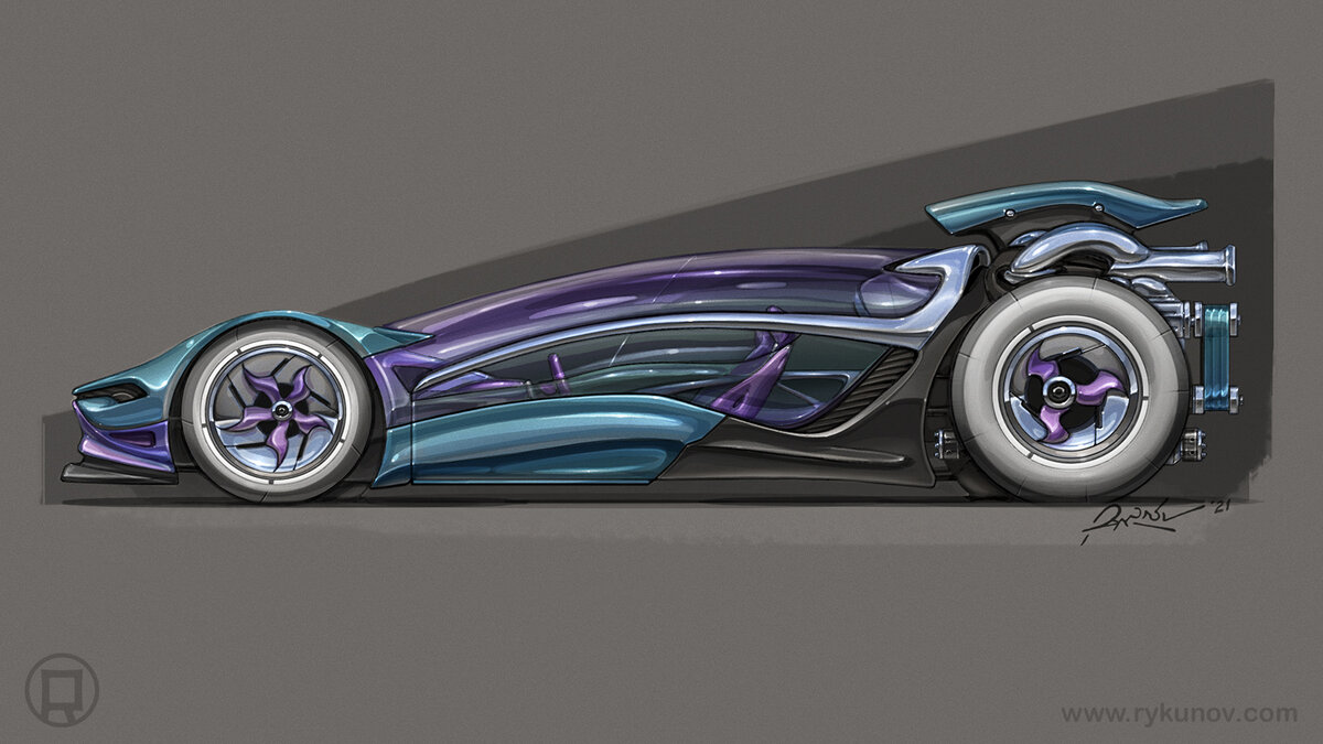 Сногсшибательный дизайн в стиле Хот-Род Арт для концептуального двухместного автомобиля. Насекомо-подобный дизайн и огроменный открытый взорам двигатель с нагнетателем и ременной передачей! Напоминаю, что у автора есть сайт www.rykunov.com

