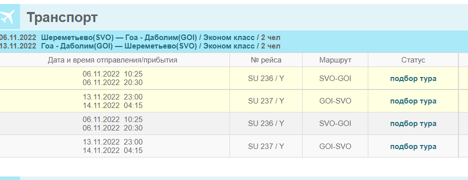 вылеты на Гоа