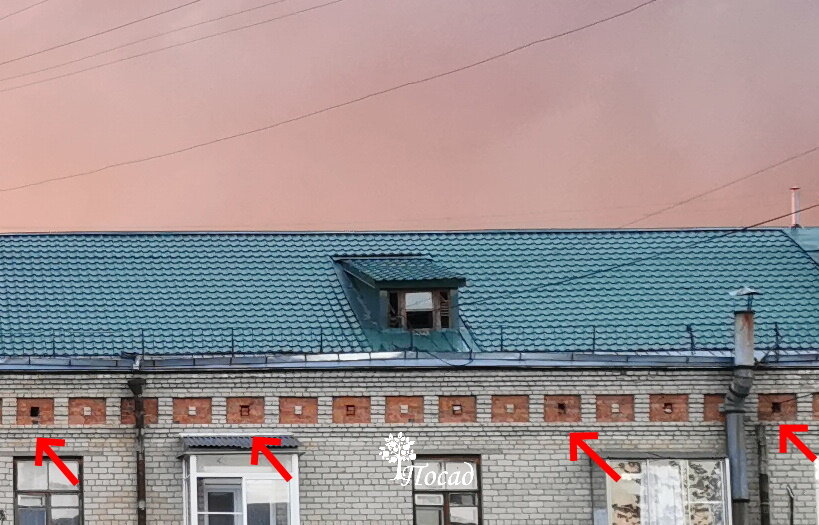 Приточные отверстия (выделены стрелками) и слуховое окно на крыше.