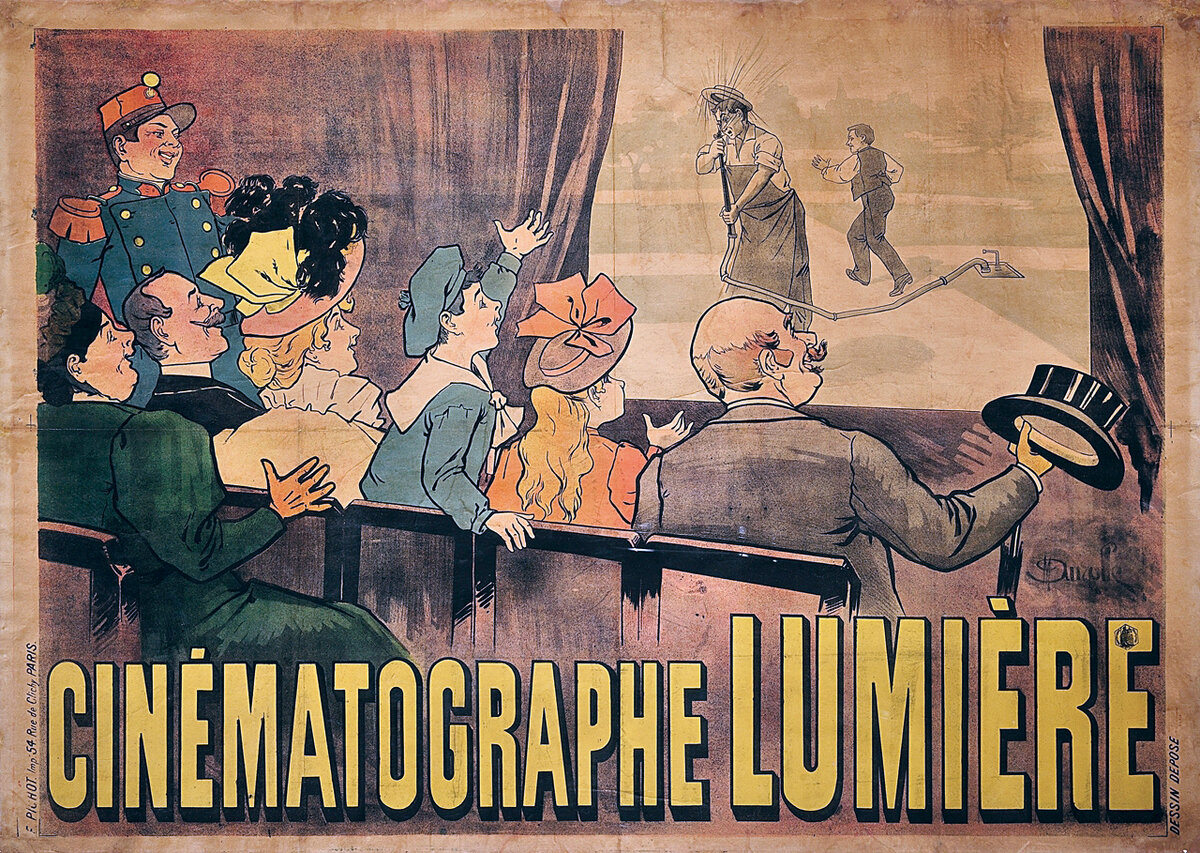 Первый кинопостер в истории кинематографии (1895 г.) https://upload.wikimedia.org/wikipedia/commons/2/2d/Poster_Cinematographe_Lumiere.jpg?uselang=ru