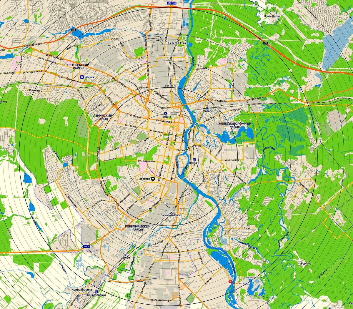 Пример сетки направлений на основе системы концентрический окружностей.
