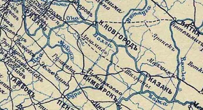 © public domain (Фрагмент карты Министерства путей сообщений Российской империи, 1916 г. Линия «Арзамас – Шихраны» указана как строящаяся) 