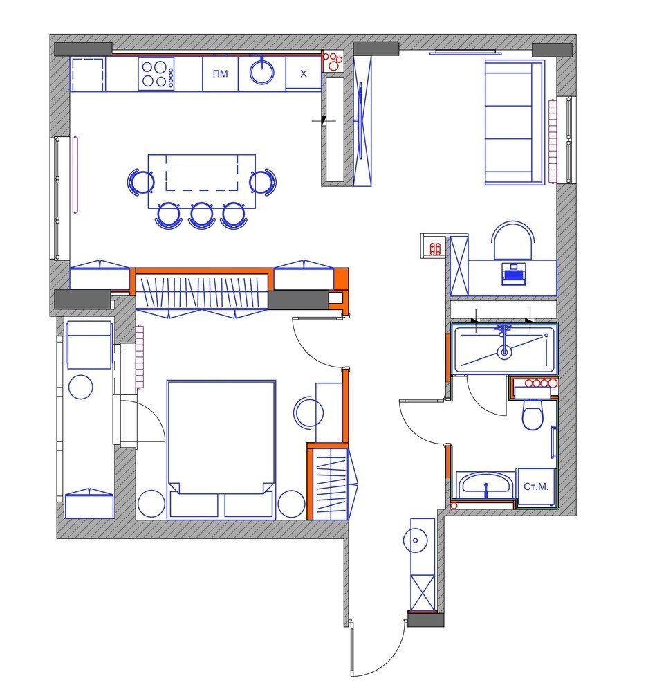 Исходную планировку от застройщика изменили — демонтировали перегородки в прихожей, кухне и гостиной, запланировали много ниш для систем хранения. Объединить кухню с гостиной не удалось, поскольку между помещениями находится вентиляционная шахта.