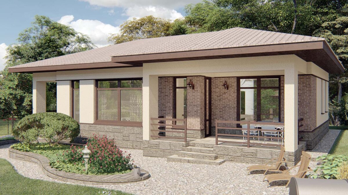 В отделке стен совместили облицовку плиткой под кирпич, штукатурку, каменный цоколь,  лаконичные детали отделки, использовали много стекла. В результате стиль дома приобрел современное звучание.