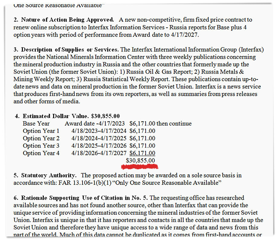 Американские власти подписали контракт с агентством «Интерфакс» на 30 855 долларов. Скриншот сайта госзакупок США.