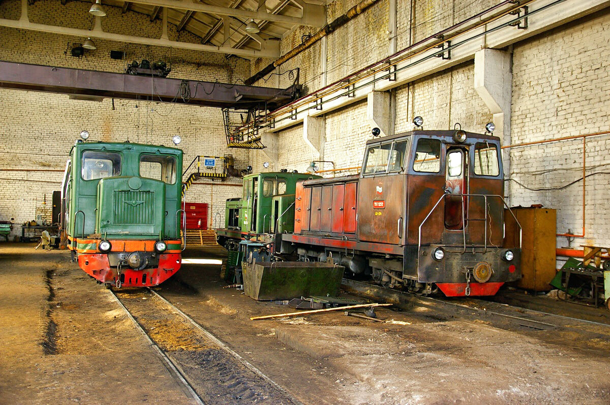 Тепловозы ТУ4-2790, ТУ4-2721 и ТУ7-1252 в депо, УЖД Дымного торфопредприятия, 2014 год.