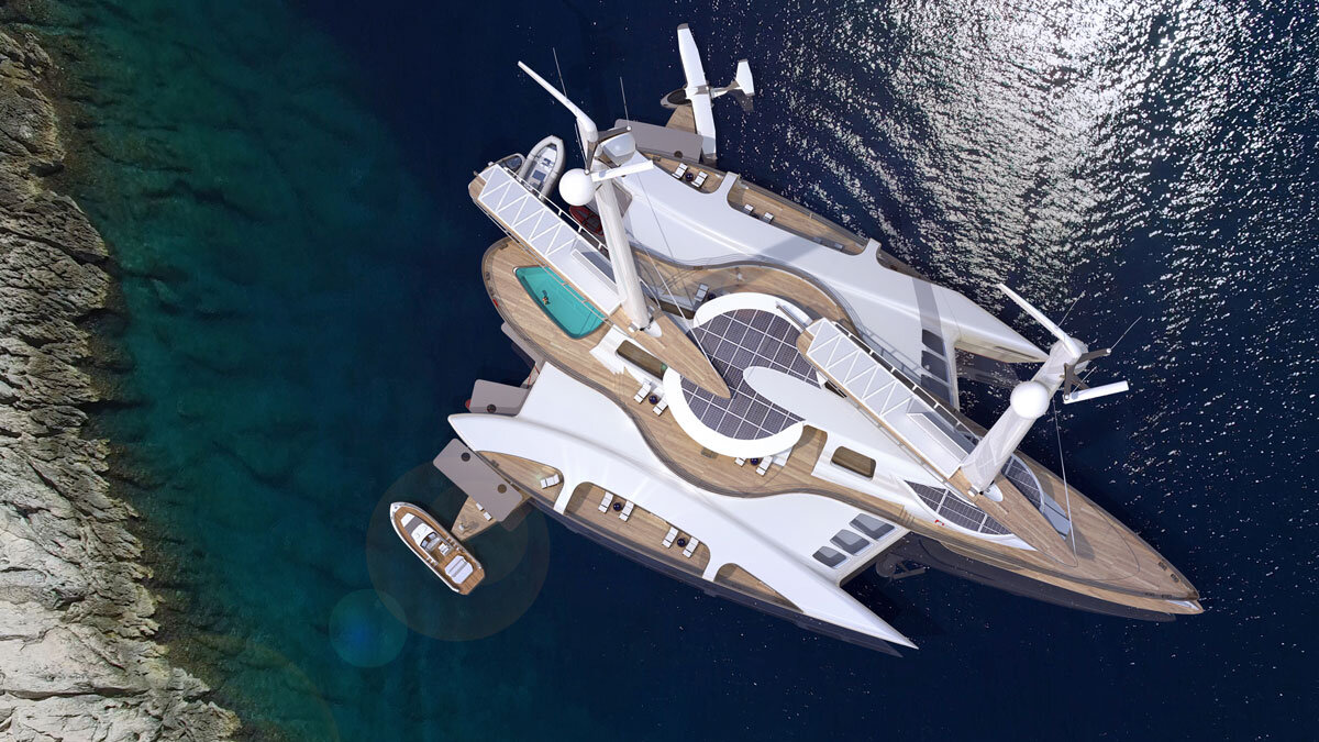    Верхняя палуба футуристичного тримарана оборудована просторным салоном и шикарным пиано-баром с белым маленьким роялем