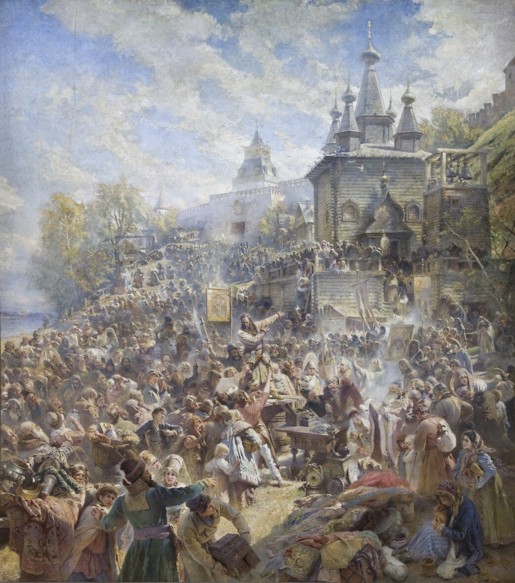 «Минин на площади Нижнего Новгорода, призывающий народ к пожертвованиям», 1896 г. К. Е. Маковский
