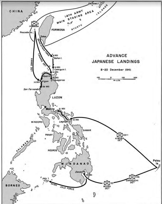 Карта с обозначением районов высадки первой волны японского десанта на Филиппинах.