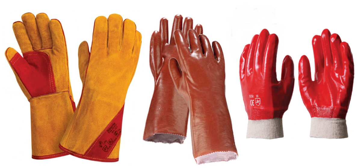 Перчатки чаще всего используемые в промышленности (слева направо): краги для сварщика, перчатки из ПВХ, обливные перчатки с ПВХ